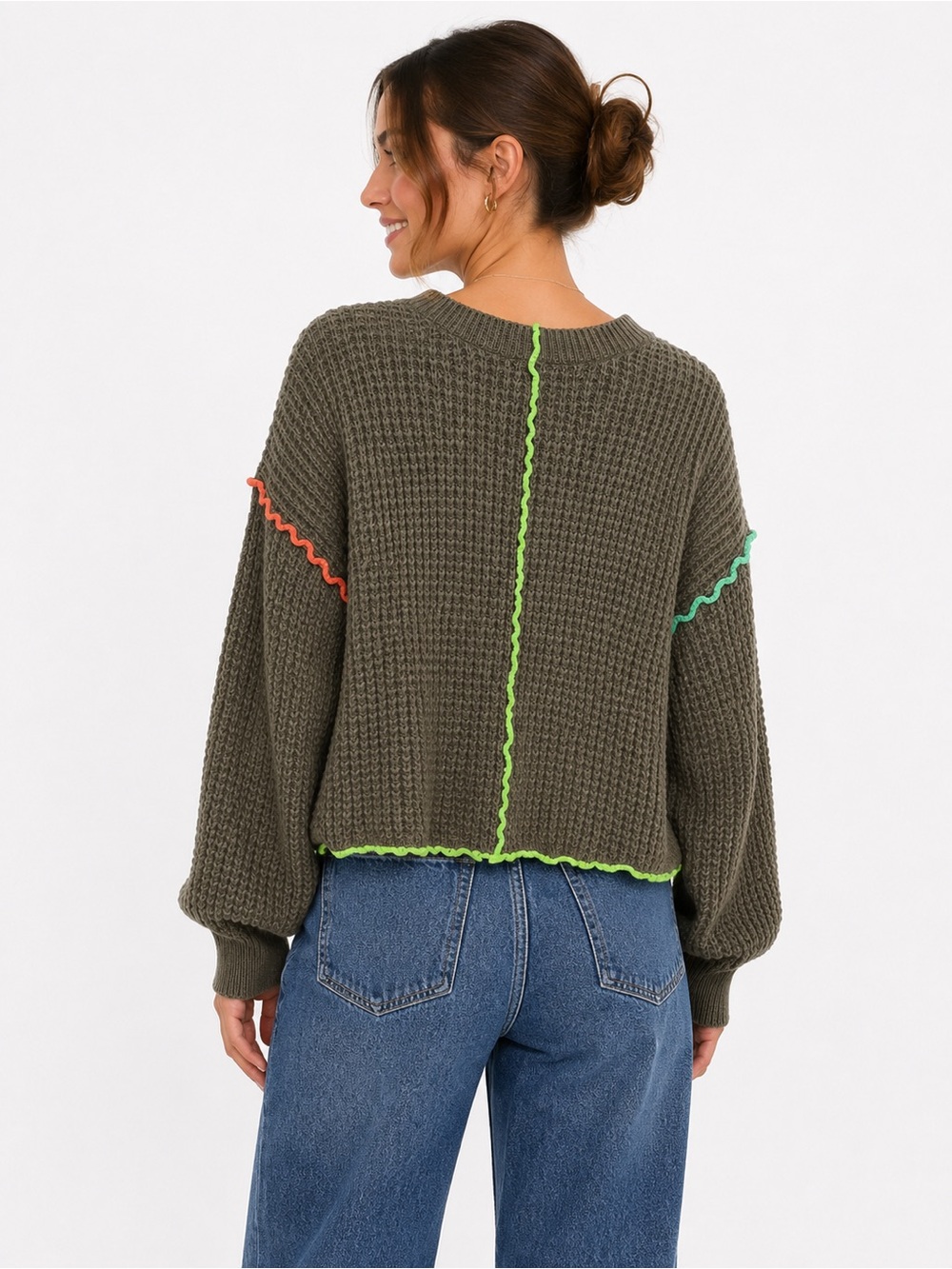 New IN Women’s Waffle Knit Sweater Medium Brown Neon Contrast Stitch - Picture 15 of 15